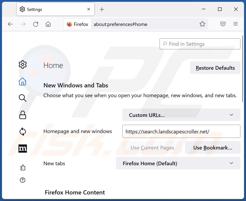 Removing search.landscapescroller.net from Mozilla Firefox homepage