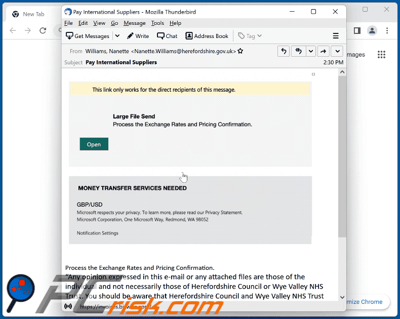 Appearance of Large File Send scam email redirecting to a phishing site (GIF)