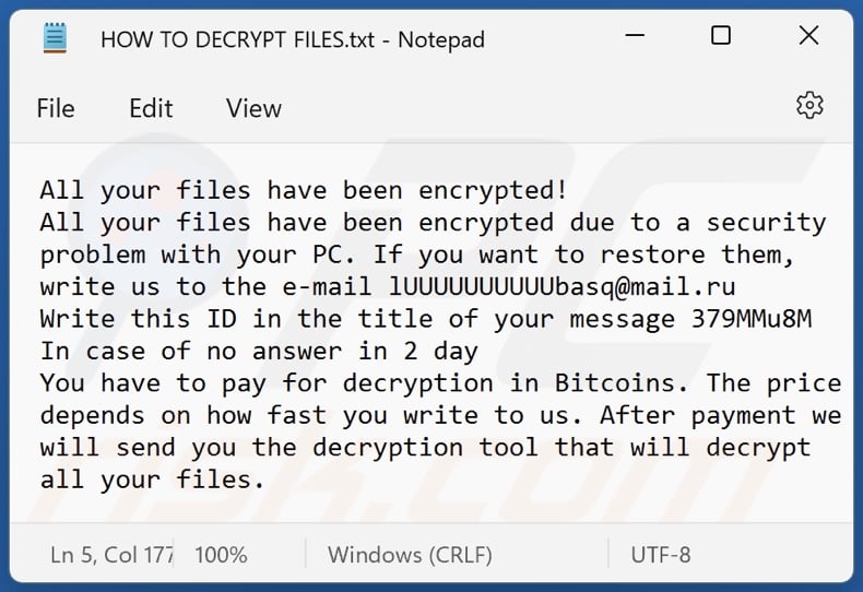 lUUUUUUUUU ransomware text file (HOW TO DECRYPT FILES.txt)