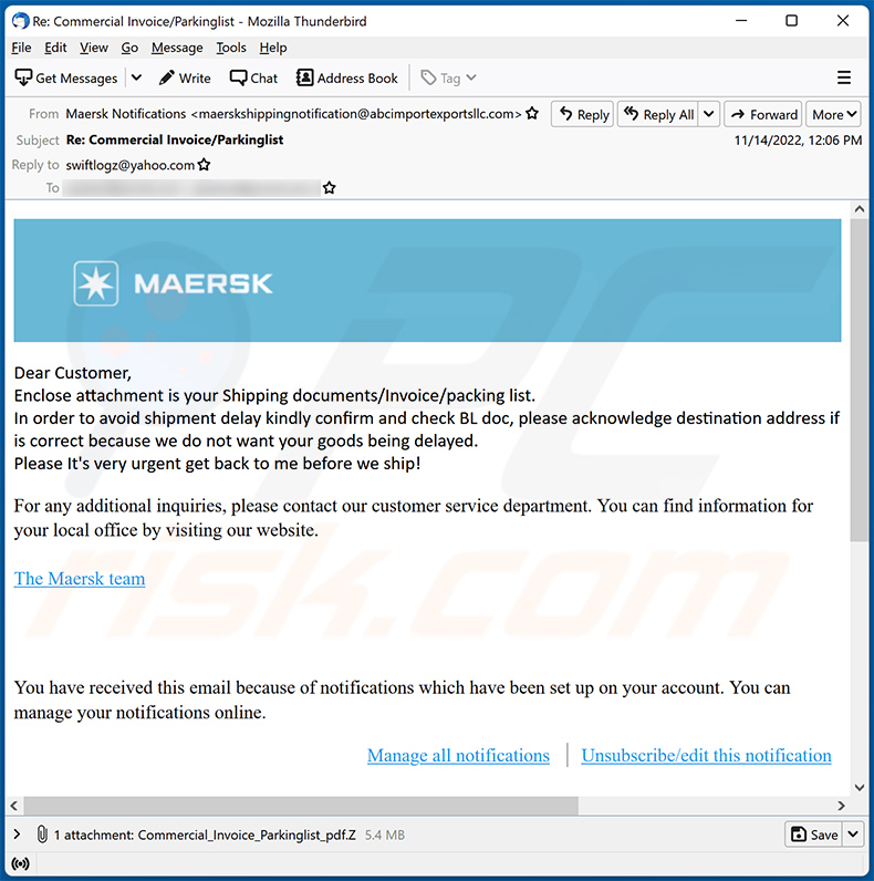 Maersk-themed spam email spreading malware