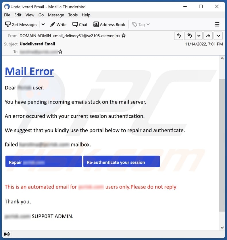 Mail Error scam email