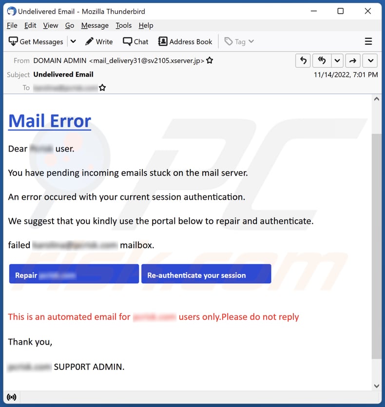 Mail Error scam email