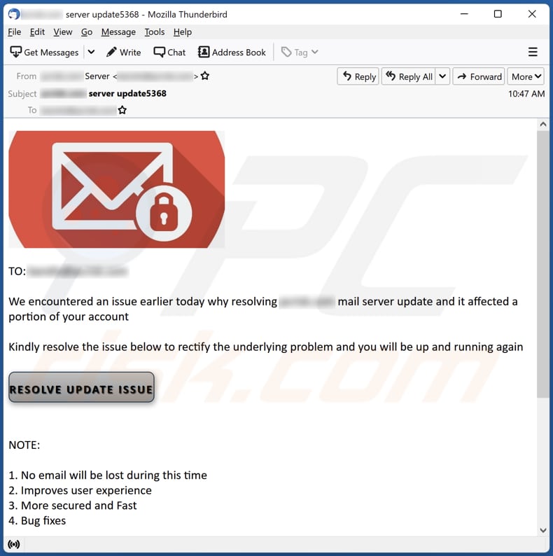 Mail Server Update scam email