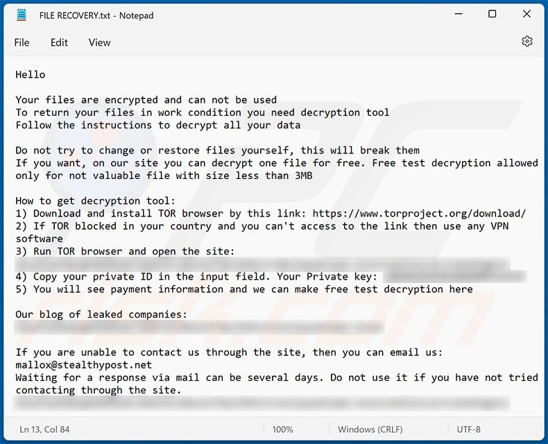 Mallox updated ransom note (FILE RECOVERY.txt)