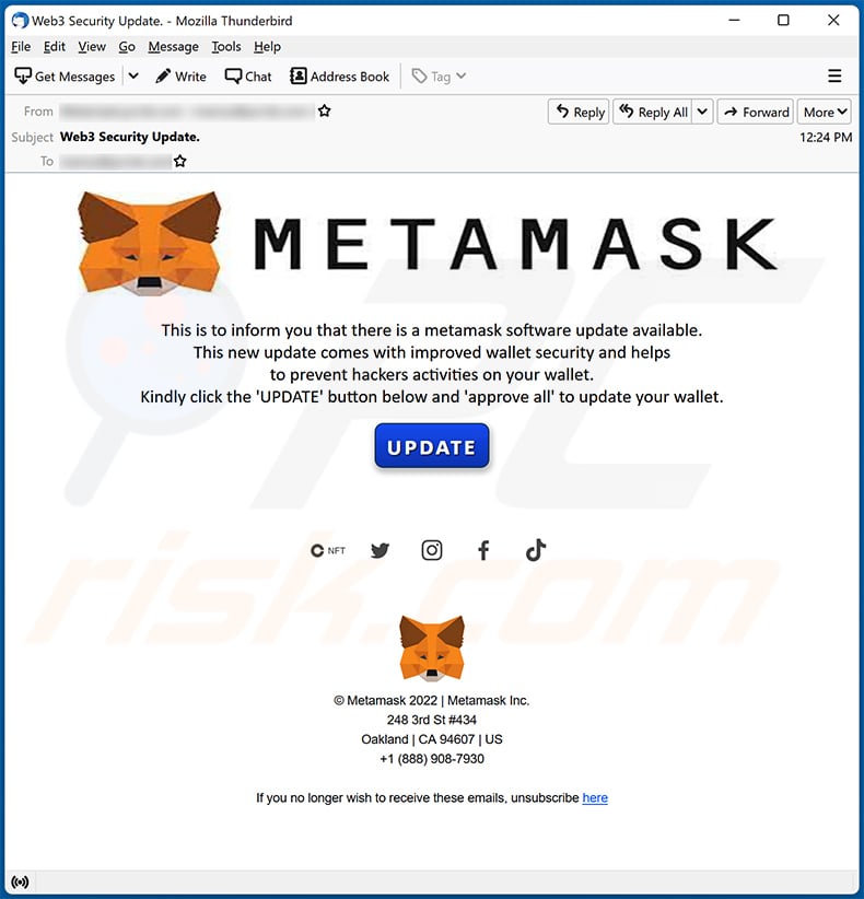 MetaMask-themed spam email promoting a phishing site (2022-11-25)