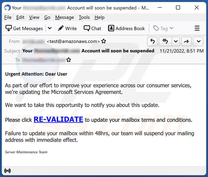 Microsoft Services Agreement Update scam email