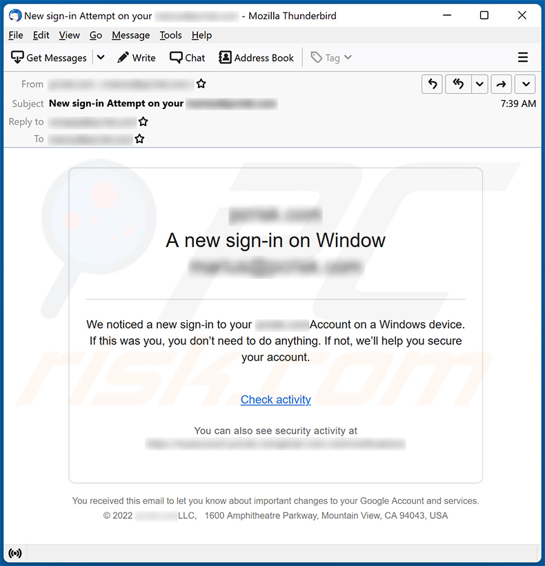 A new sign-in on Window-themed spam email (2022-11-10)