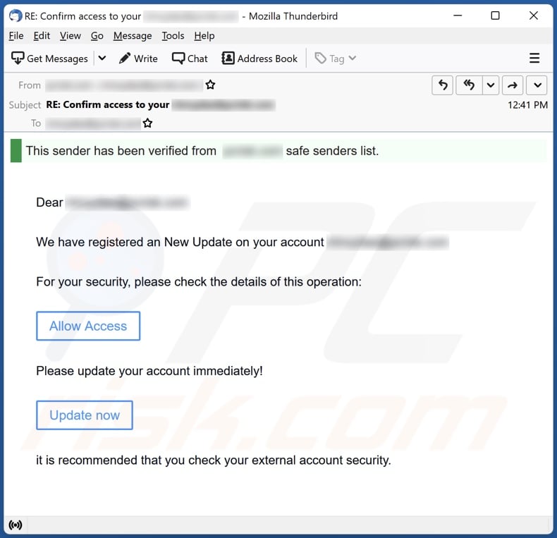 New Update On Your Account email spam campaign