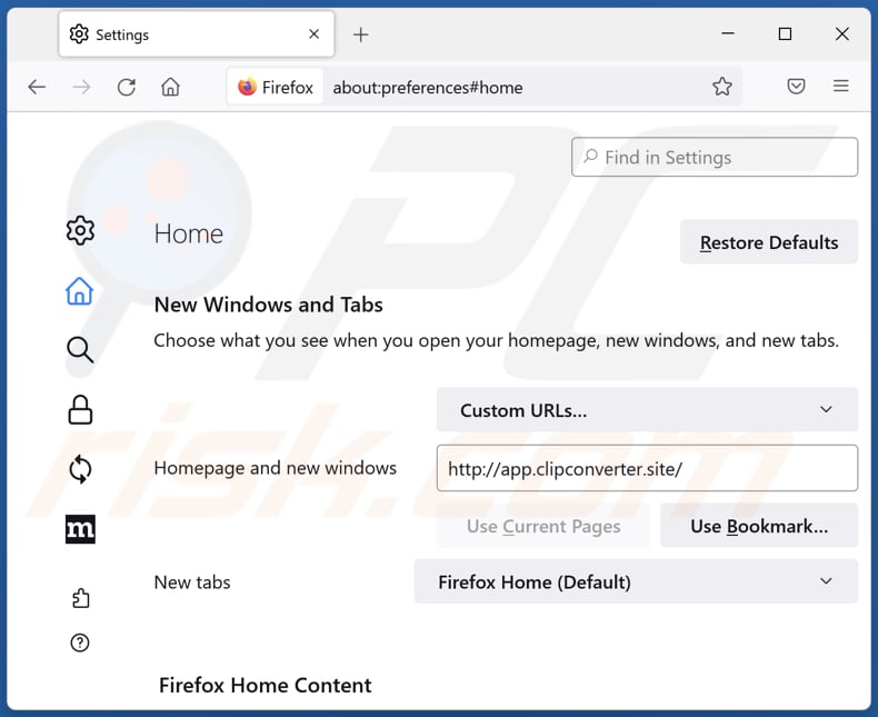 Removing app.clipconverter.site from Mozilla Firefox homepage