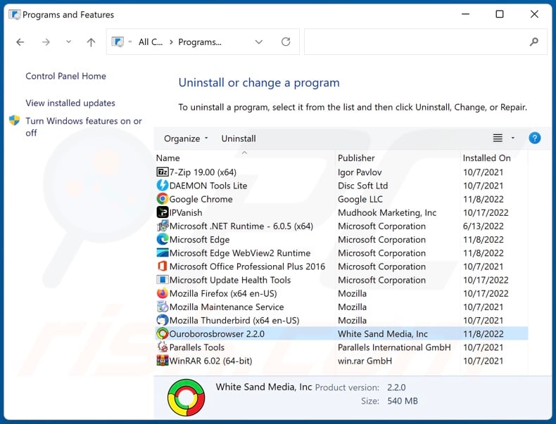 Ouroboros uninstall via Control Panel