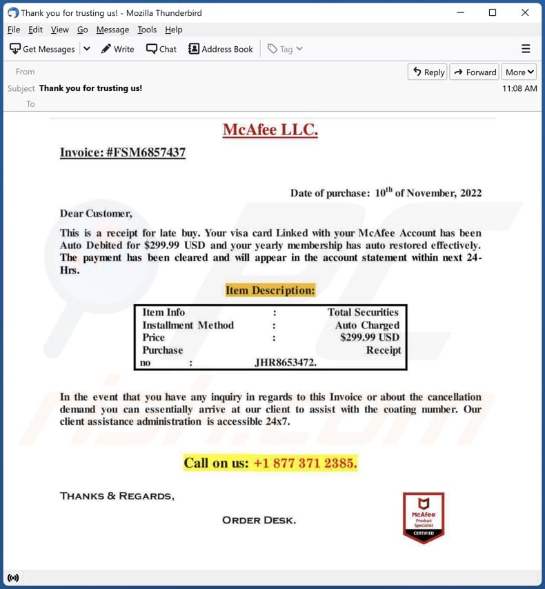 Payment For McAfee Subscription scam email example 2