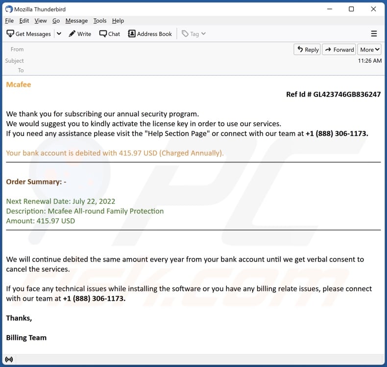 Payment For McAfee Subscription scam email example 3