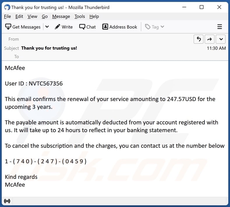 Payment For McAfee Subscription scam email example 4