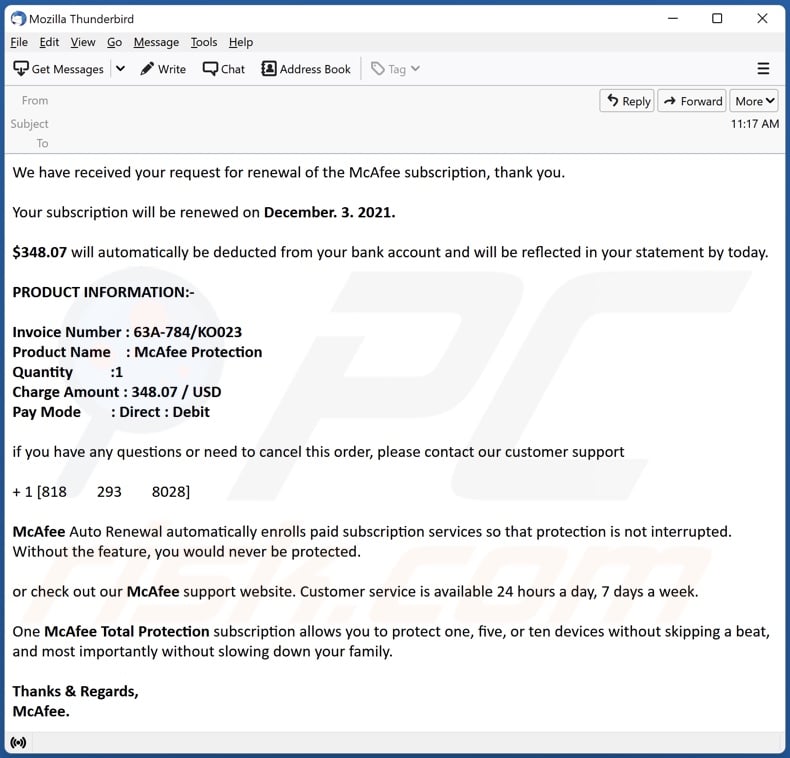 Payment For McAfee Subscription scam email example 5