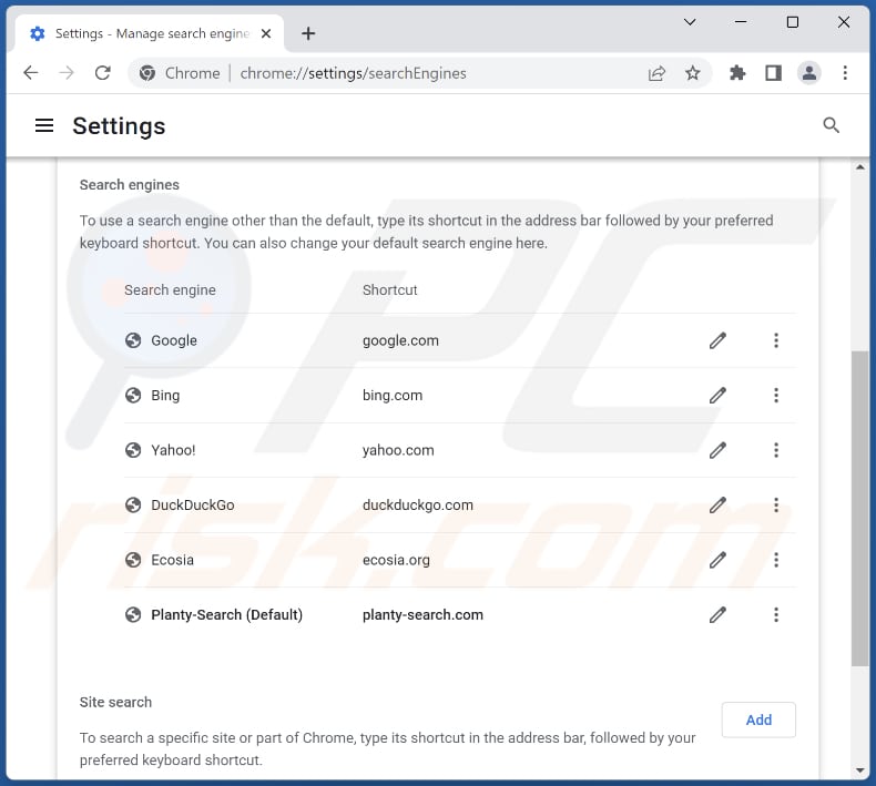 Removing planty-search.com from Google Chrome default search engine