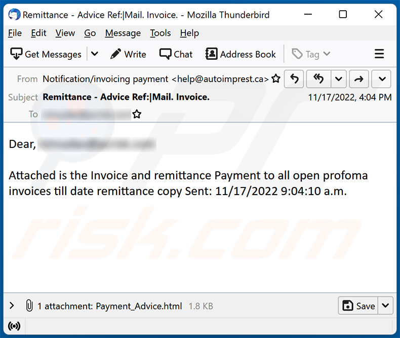 Proforma-themed spam email (2022-11-18)