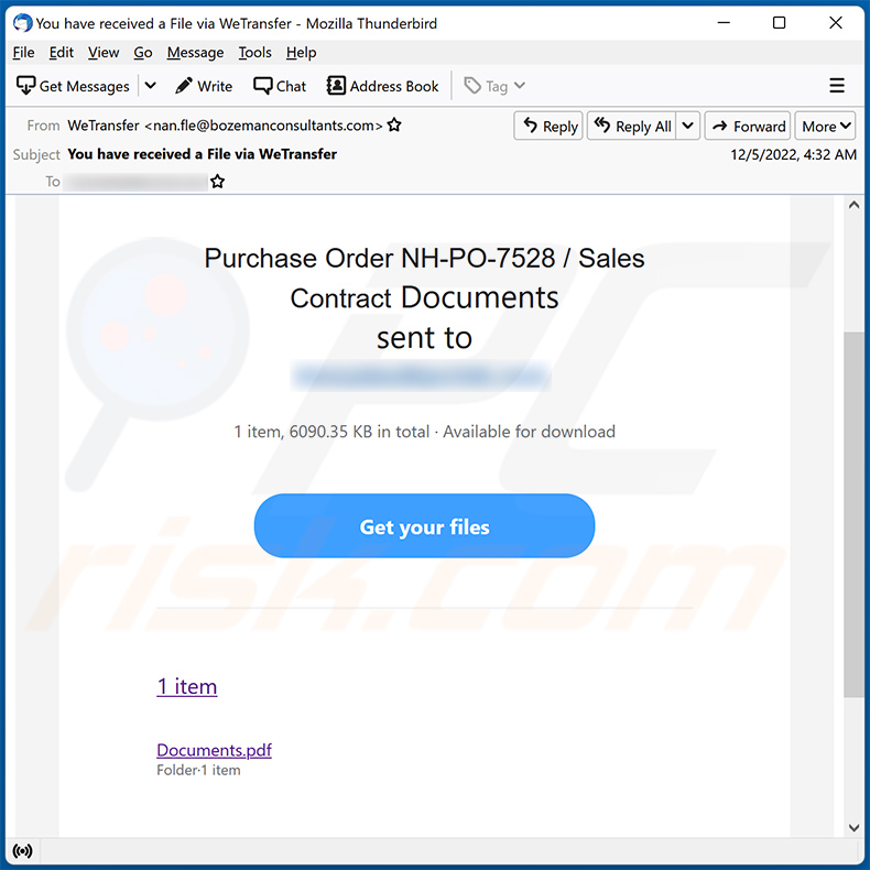 Purchase Order-themed spam promoting a phishing site