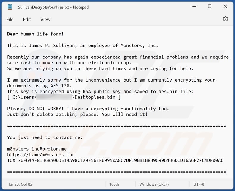 RansomBoggs ransomware ransom note (SullivanDecryptsYourFiles.txt)