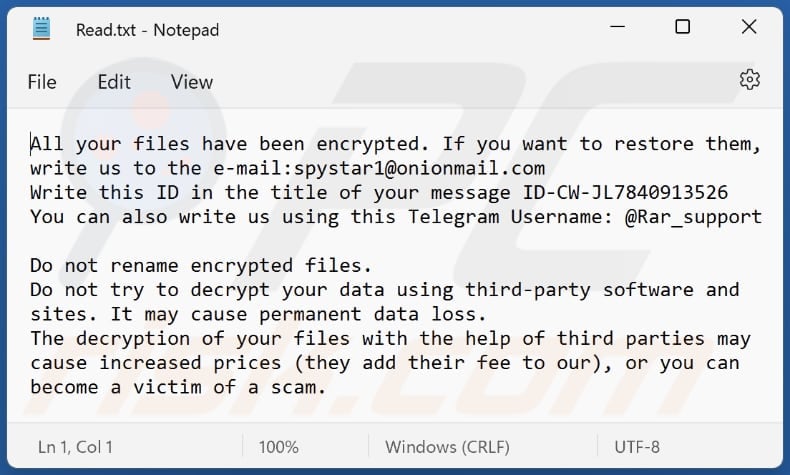 Rar ransomware text file (Read.txt)