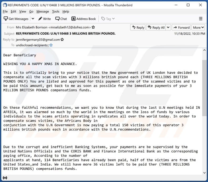 Scam Victim Compensation Funds email spam campaign