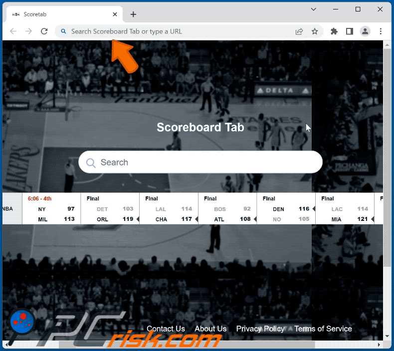 Scoreboard Tab browser hijacker redirecting to Bing (GIF)