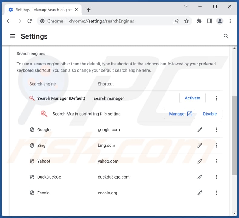 Removing searchmgr.online from Google Chrome default search engine