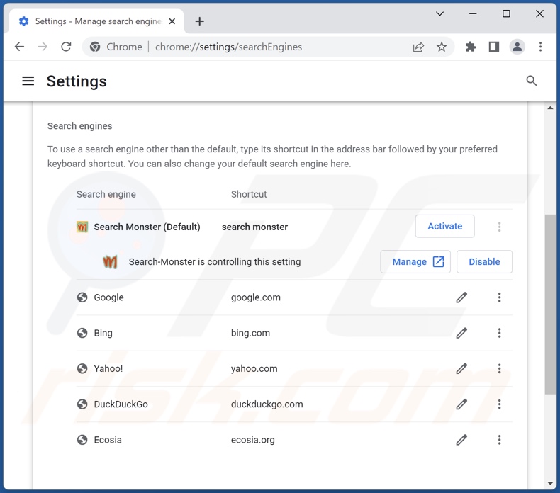 Removing searchmonster.net from Google Chrome default search engine