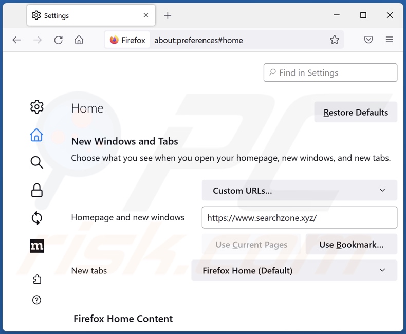 Removing searchzone.xyz from Mozilla Firefox homepage