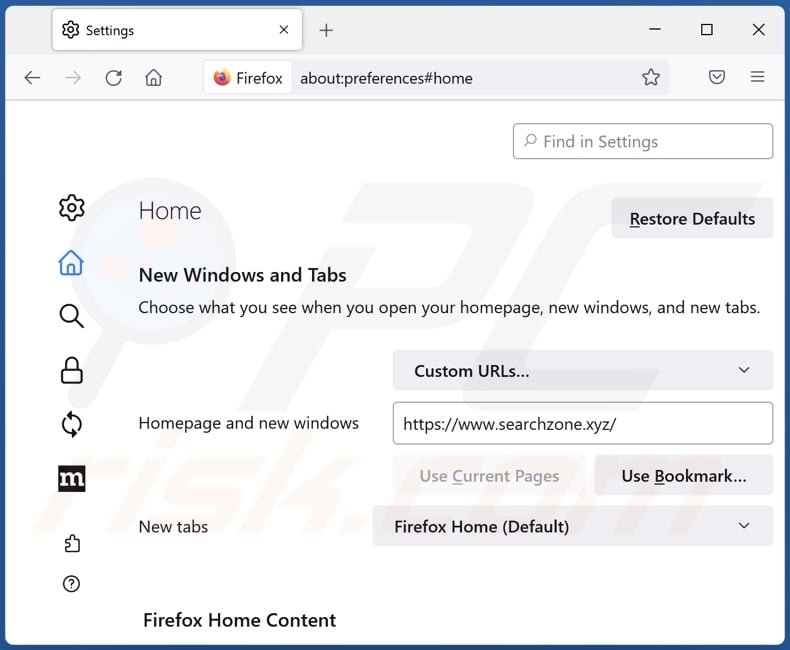 Removing searchzone.xyz from Mozilla Firefox homepage