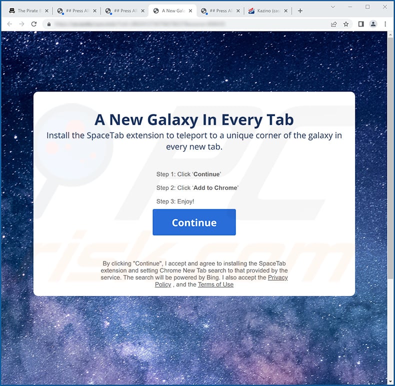 Space Tab browser hijacker-promoting website (sample 2)