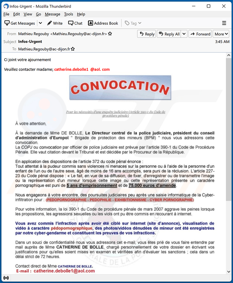 French variant of Summon To Court For Pedophilia email scam (2022-11-25)