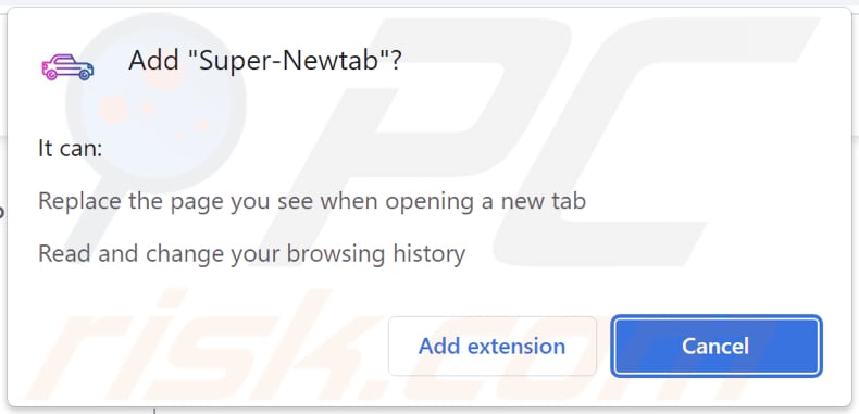 Super-Newtab browser hijacker asking for permissions
