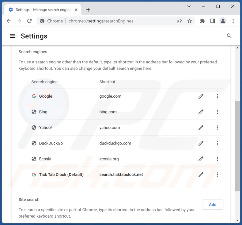 Removing search.ticktabclock.net from Google Chrome default search engine