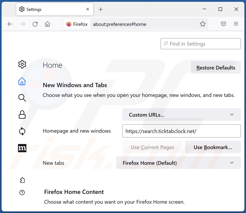 Removing search.ticktabclock.net from Mozilla Firefox homepage