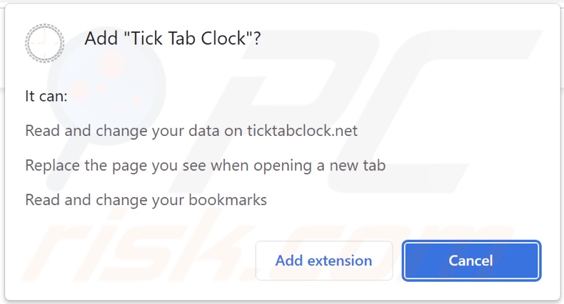 Tick Tab Clock browser hijacker asking for permissions