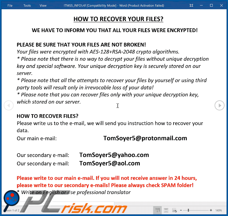 TMS5 ransomware ransom note (!TMS5_INFO!.rtf)