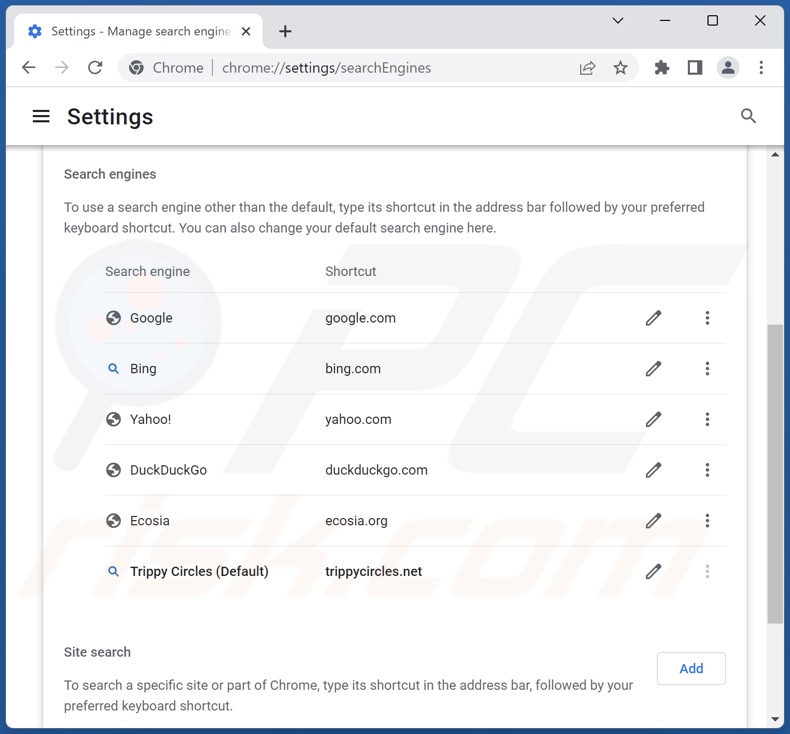 Removing trippycircles.net from Google Chrome default search engine