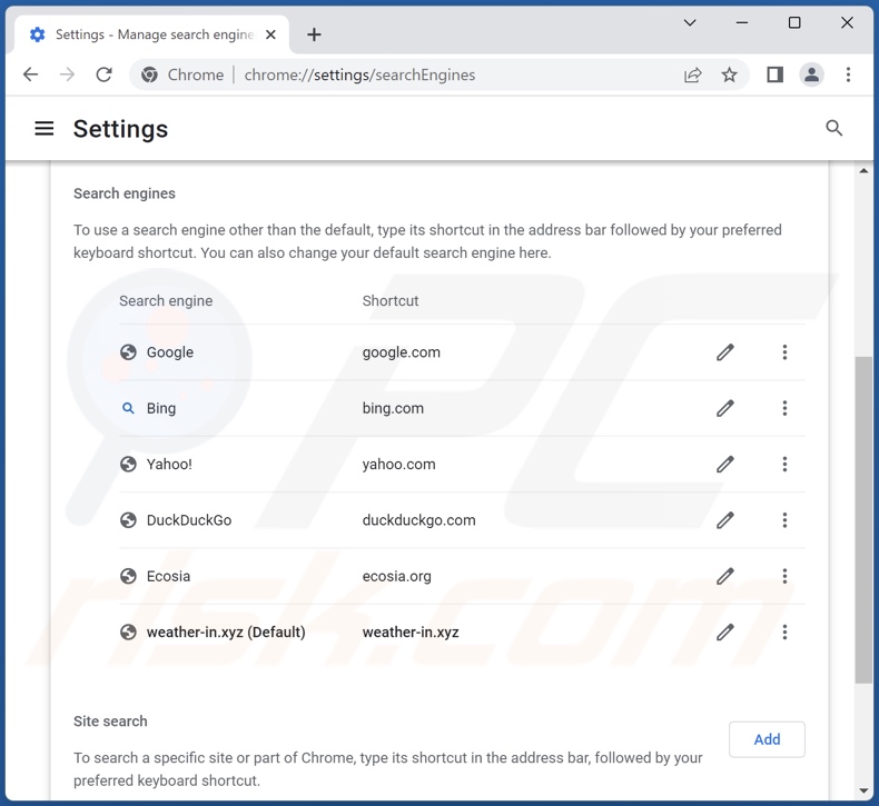 Removing weather-in.xyz from Google Chrome default search engine