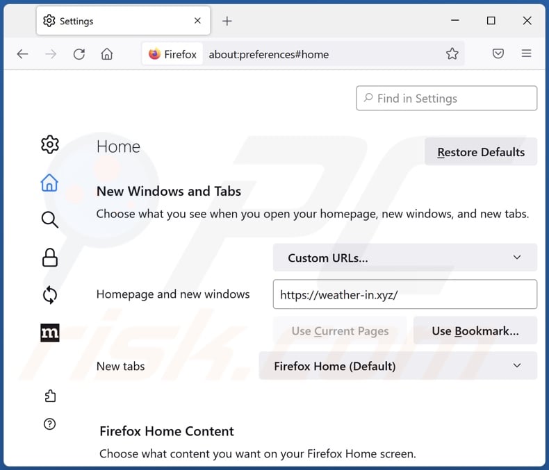 Removing weather-in.xyz from Mozilla Firefox homepage