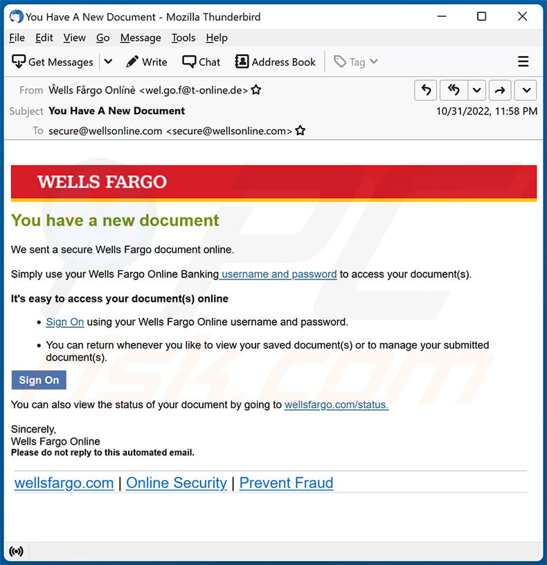 Wells Fargo-themed spam email used to promote a phishing site (2022-11-04)