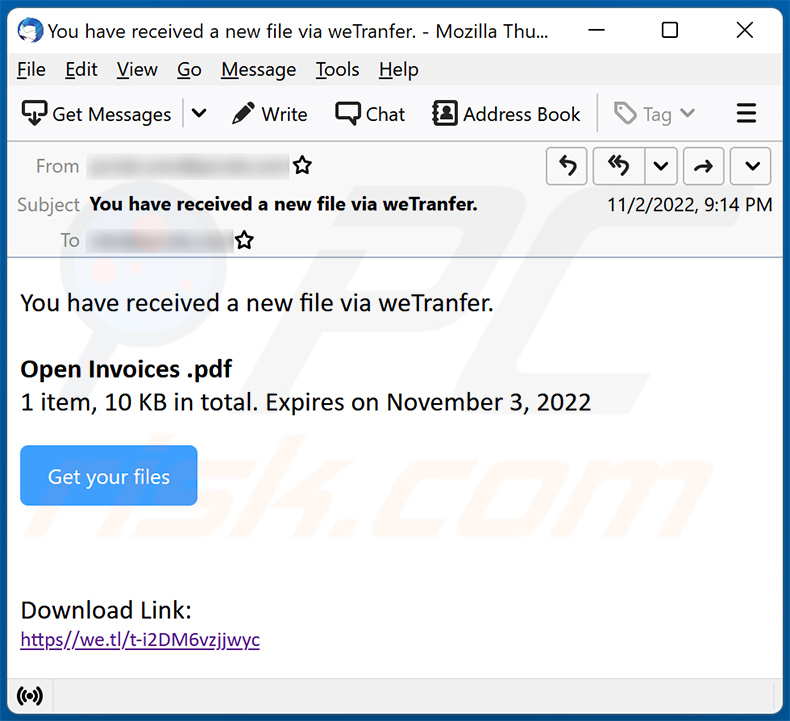 WeTransfer-themed spam email used to promote a phishing site (2022-11-04)