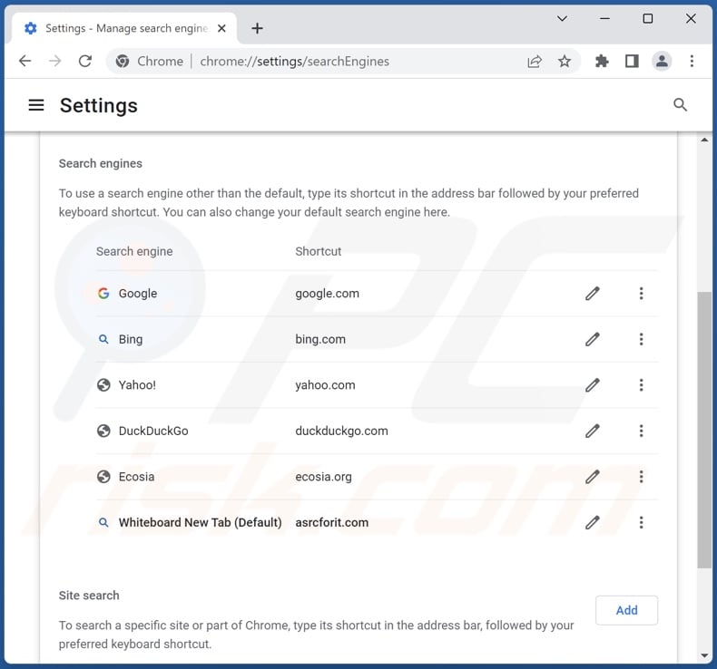 Removing find.asrcforit.com from Google Chrome default search engine