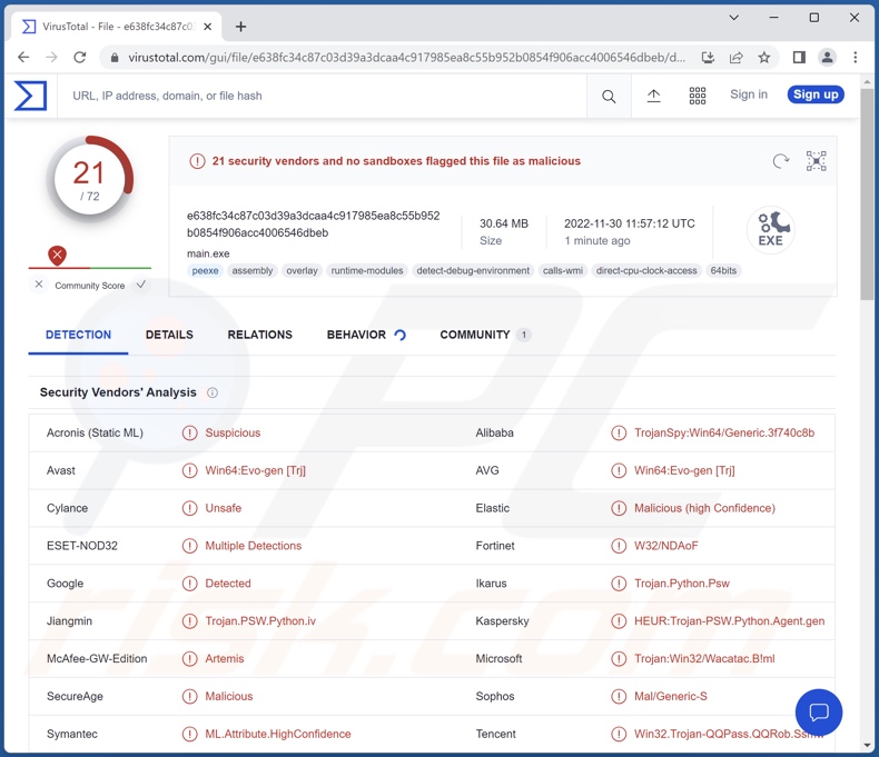 XStealer malware detections on VirusTotal