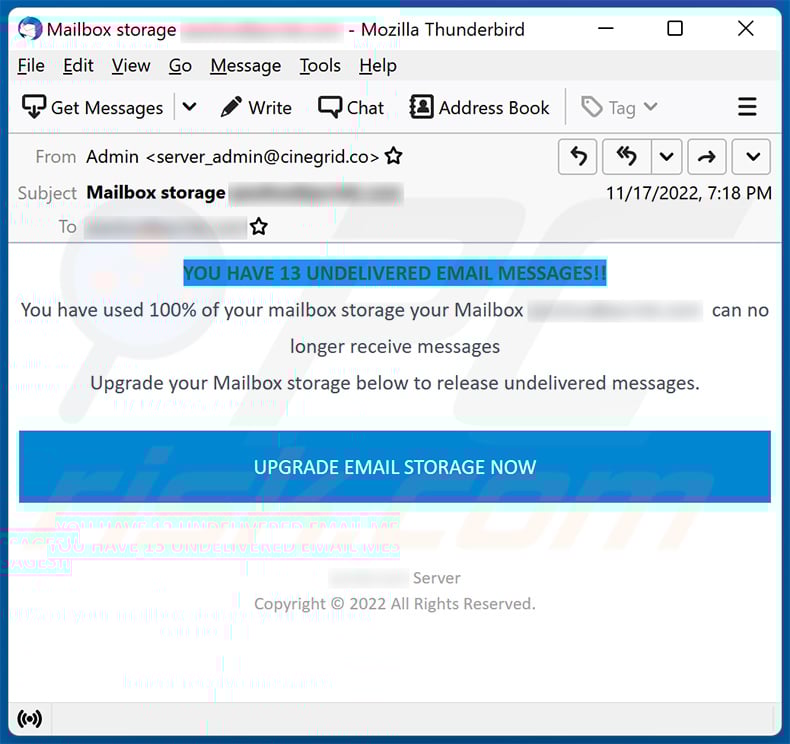 You Have Used Up Your Mail Storage Email Scam (2022-11-18)
