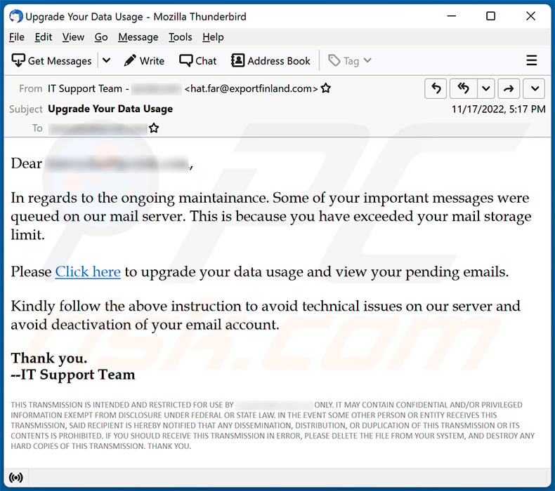 You Have Exceeded Your Mail Storage Limit Email Scam (2022-11-22)