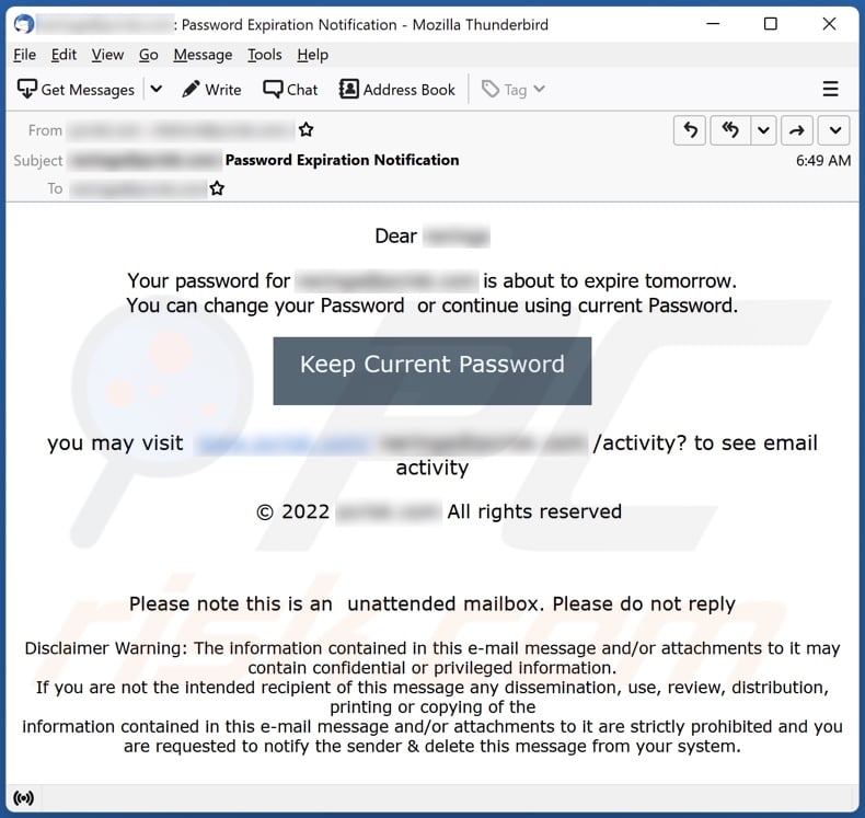 Your Password Is About To Expire Tomorrow email spam campaign