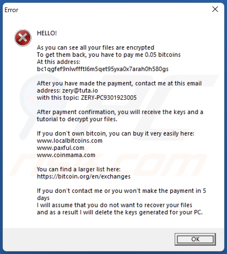 ZeRy ransomware pop-up window