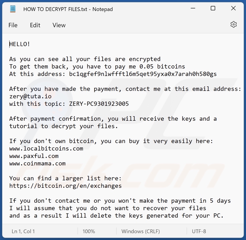 ZeRy ransomware text file (HOW TO DECRYPT FILES.txt)