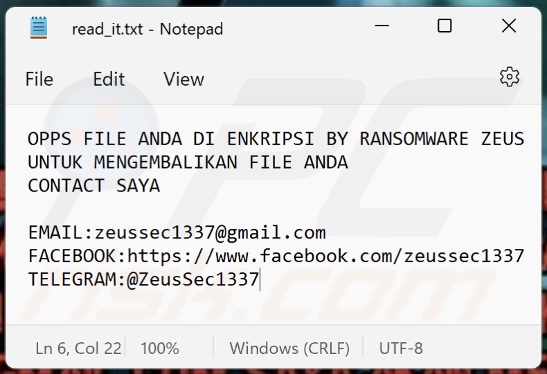 ZEUS (Chaos) ransomware text file (read_it.txt)