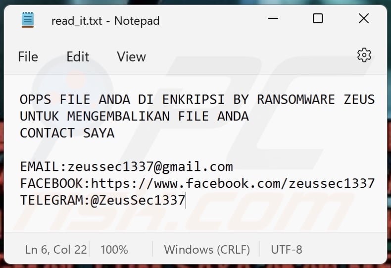 ZEUS (Chaos) ransomware text file (read_it.txt)